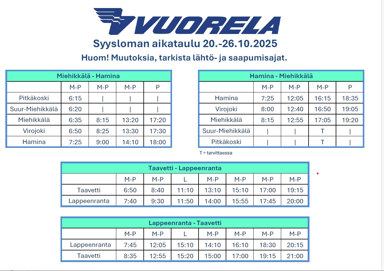 Vuorelan linja-aikataulut syyslomalla