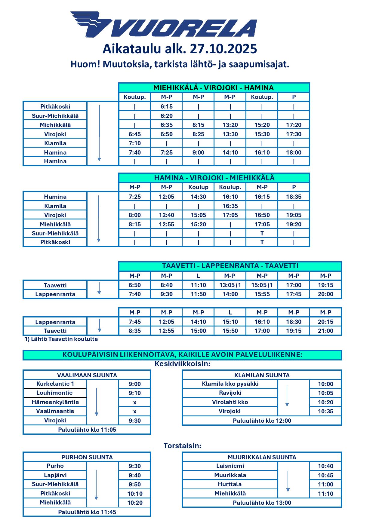 Vuorelan linja-autojen aikataulut