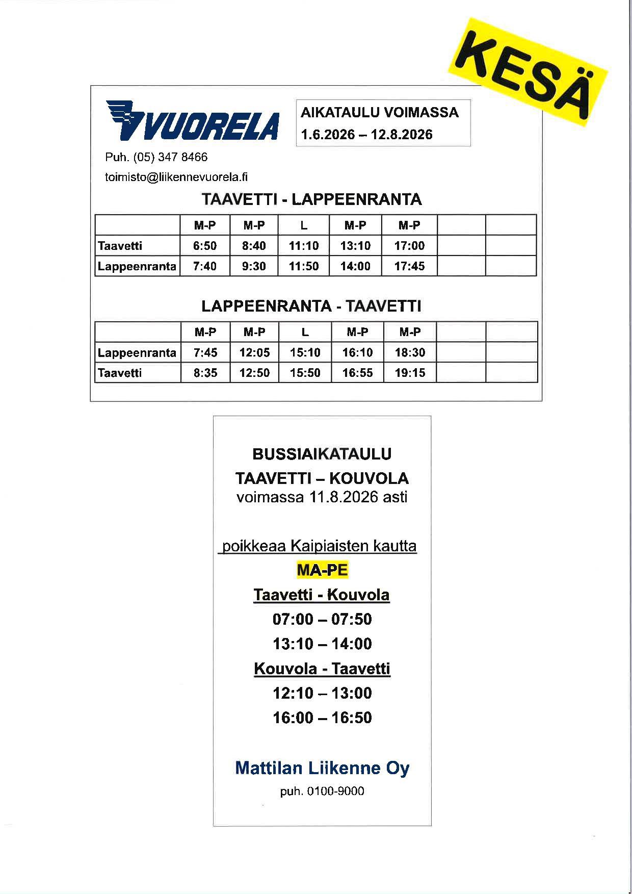 Linja-autojen kesäaikataulut