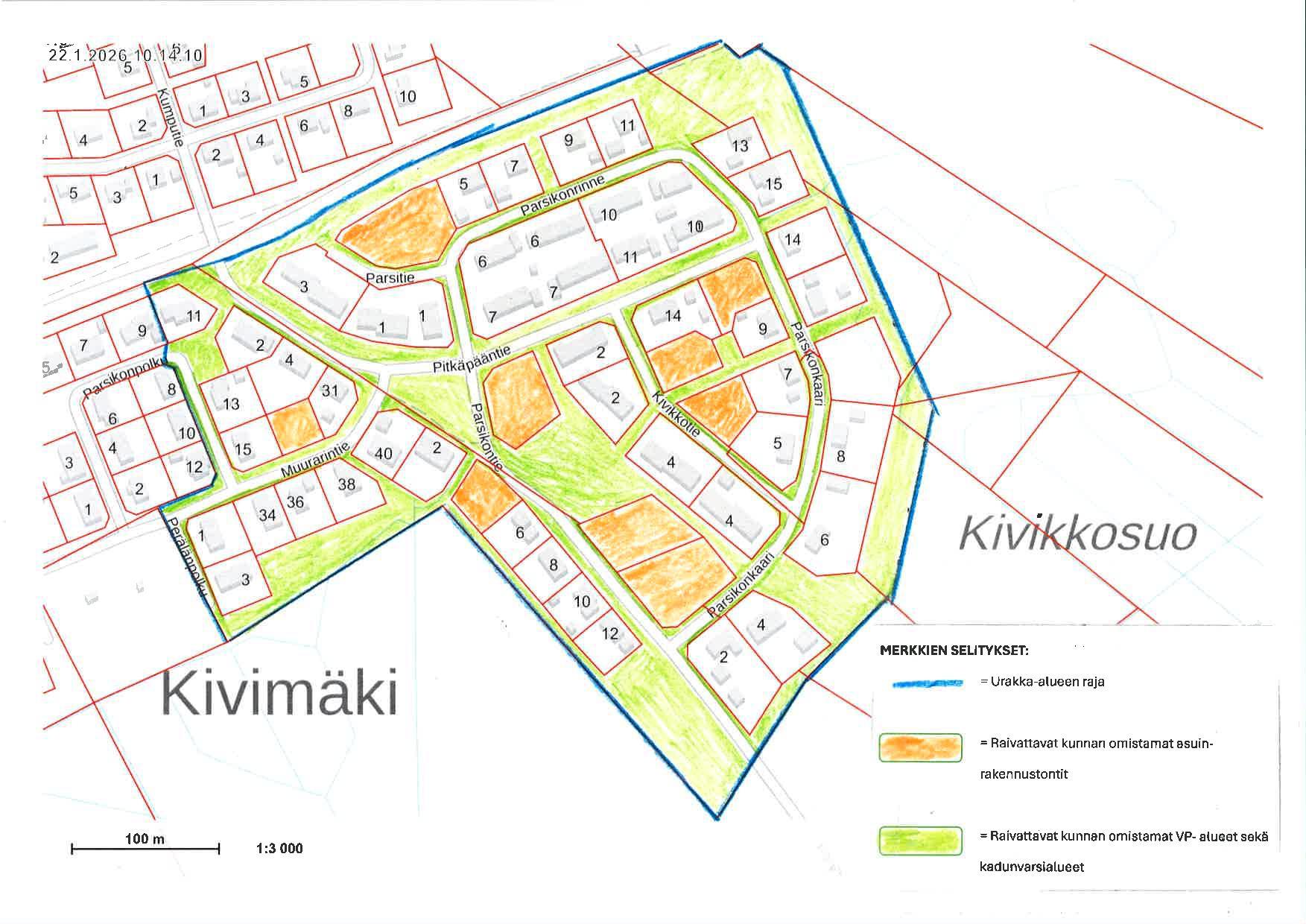 Parsikon kartta, jossa taajamametsien hakkuualue