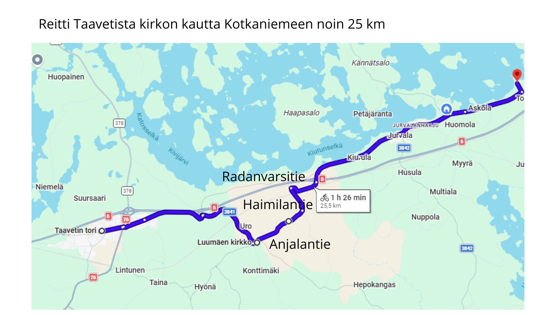 Reitti Taavetista kirkon kautta Kotkaniemeen